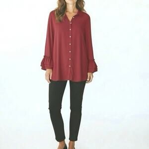 Soft Surroundings Women’s Longer Length Button Front Ruffle Cuff Tunic XL Red